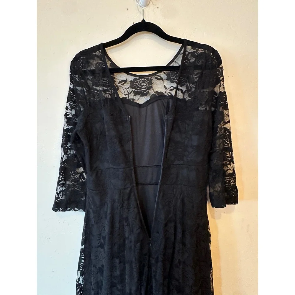 Y2K Black Floral Lace Fit and Flare Dress Whimsigoth Grunge Punk 3/4 Sleeve Sm